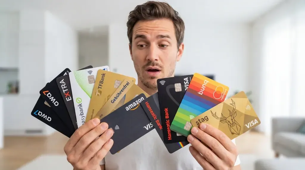 Mehrere Kreditkarten verschiedener Anbieter nebeneinander, im Vordergrund die awa7® Visa als Vergleichssieger